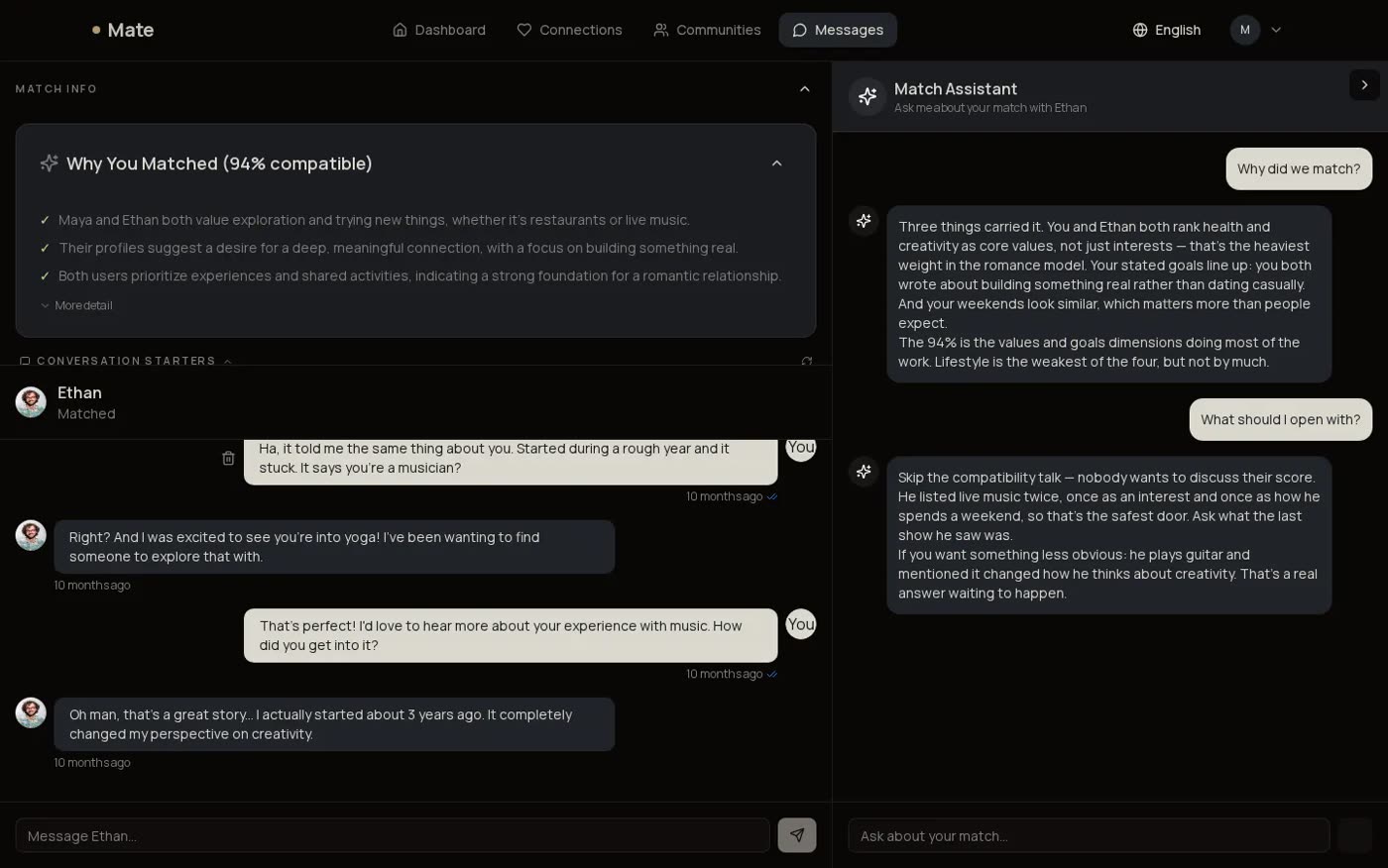 The Mate match view with the compatibility explanation and the match assistant