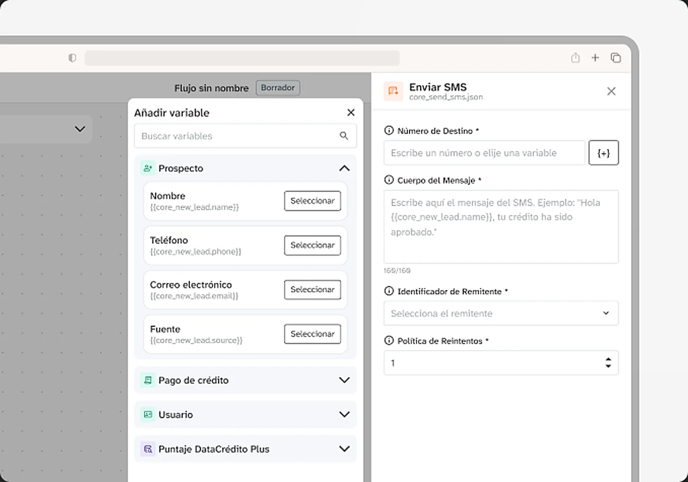 Configuración de un nodo Enviar SMS con variables