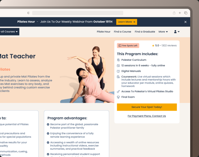 Página del curso Mat Teacher de Polestar Pilates