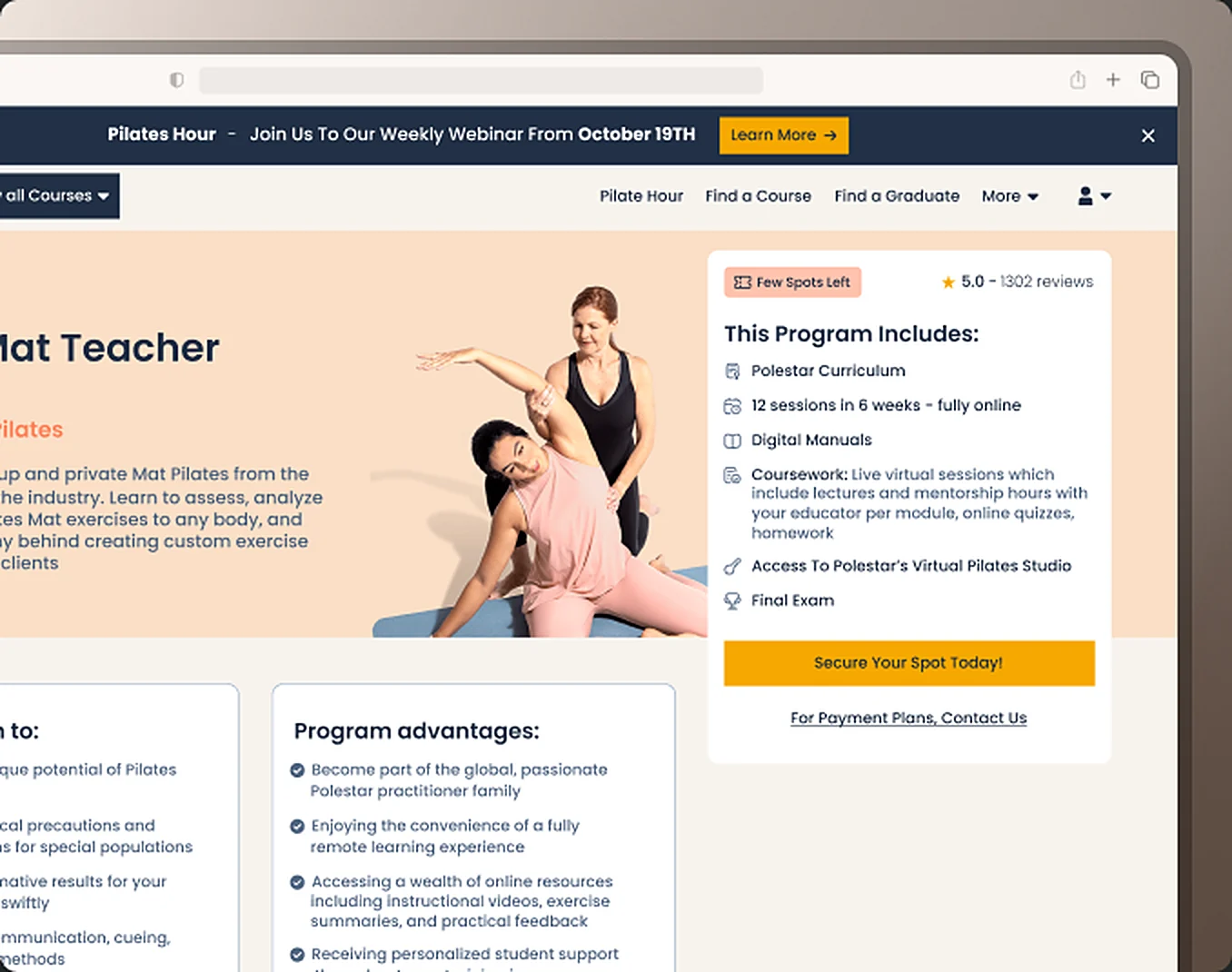 Página del curso Mat Teacher de Polestar Pilates